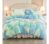 Emme Ensemble de literie en peluche 220x240cm Biber Flauschige Couette moelleuse pour lit Shaggy et peluche douce, parure de lit et 2 taies d'oreiller 80x80cm, Tie Dye Bleu Vert