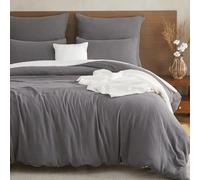 EMME Parure de lit d'été en mousseline 100 % coton - Housse de couette 200 x 200 cm + 2 taies d'oreiller 80 x 80 cm - Gris - Certifié Oeko-TEX