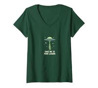 Emmenez-Moi à Votre Leader UFO Sci-FI Alien Encounter T-Shirt avec Col en V, Femme, Vert Forêt, L