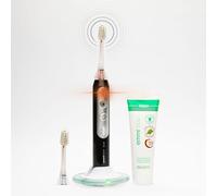 emmi-dent Brosse à dents ultrasonique fine, blanche, jusqu'à 96 millions de vibrations/min, 3 modes de nettoyage, batterie jusqu'à 15 jours, avec station de charge Qi (USB-C), 2 embouts et gel