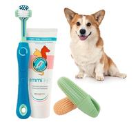 emmi-pet Kit de soin dentaire pour chiots et jeunes chiens - Lot de 4 pièces avec brosse à dents 3D rose, dentifrice 75 ml et 2 coussinets pour doigts - 1 brosse à dents pour chien à 3 têtes avec 1