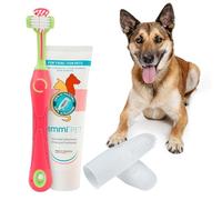 emmi-pet kit de soins dentaires chiens - 1 brosse à dents pour chien à 3 têtes avec 1 dentifrice pour chien et 2 brosses à dents doigt (rose, adultes, personnes âgées)