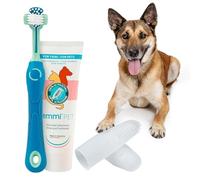emmi-pet Kit de soins dentaires pour chiens - 1 brosse à dents pour chien à 3 têtes avec 1 dentifrice pour chien et 2 brosses à dents doigt (Bleu, Adultes - Seniors)