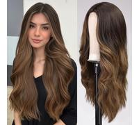 EMMOR Long Ombre Brown Wavy Perruque pour femmes Dentelle Avant Perruques Naturel Apparence Naturelle 26 Pouces Partie Centrale Perruque Bouclée Perruques