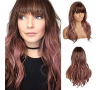 EMMOR longue perruque rosa pour femme - partie centrale de cheveux bouclés naturels avec perruques synthétiques Ombre Air Bang, utilisation quotidienne de fête