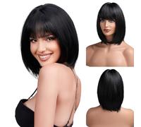 Emmor noire bob perruque pour femme avec franges courtes perruques remplacement synthétique résistant à la chaleur