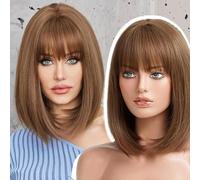 EMMOR Perruque courte Bob avec frange pour femme - Résistante à la chaleur - Aspect naturel - Pour un usage quotidien - Marron miel - 38,1 cm