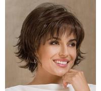 EMMOR Perruque courte en mélange de cheveux humains bruns coupe pixie pour femmes, perruques naturelles légères avec style superposé, plus douces/plus fines/plus légères pour tous les jours