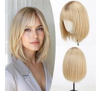 EMMOR Perruque de cheveux humains de 30,5 cm pour femme - Perruque coupe carrée avec frange et bonnet respirant, aspect naturel à porter au quotidien (blond clair ombré)