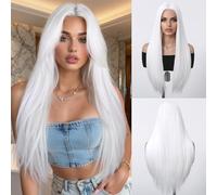 EMMOR Perruque longue droite pour femmes, perruques à mi-partie superposées, cheveux synthétiques naturels résistants à la chaleur de 26 pouces pour un usage quotidien (Perruque blanc)