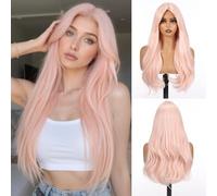 EMMOR Perruque longue droite pour femmes, perruques à mi-partie superposées, cheveux synthétiques naturels résistants à la chaleur de 26 pouces pour un usage quotidien (Perruque rose)
