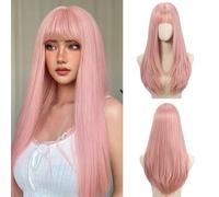 EMMOR Perruque longue et droite pour femmes, perruque synthétique dégradée avec frange, résistante à la chaleur, adaptée à un usage quotidien, aux fêtes et au cosplay (Rose pâle)