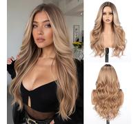 EMMOR Perruque longue ondulée pour femmes, perruque bou en couches avec raie au milieu, 26 pouces de cheveux synthétiques naturels résistants à la chaleur (Ombre Châtain Clair)