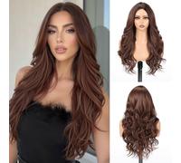 EMMOR Perruque longue ondulée pour femmes, perruque bou en couches avec raie au milieu, 26 pouces de cheveux synthétiques naturels résistants à la chaleur (Ombre Brun)