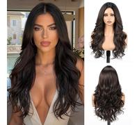 EMMOR Perruque longue ondulée pour femmes, perruque bou en couches avec raie au milieu, 26 pouces de cheveux synthétiques naturels résistants à la chaleur (Châtain Foncé)