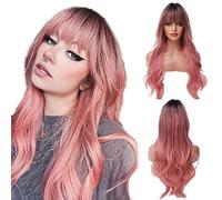 EMMOR Perruque longue rose pour femme - Perruques ondulées de vague synthétique de cheveux bouclés naturels avec frange