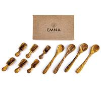 EMNA Coffret cadeau 10 pièces en bois d'olivier | 4 cuillères à café faites à la main (14 cm) et 6 mini cuillères | Ensemble de cuillères à épices et à dessert élégantes | Idée cadeau pour Noël, fête