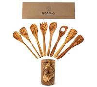 EMNA Ensemble d'ustensiles de cuisine en bois d'olivier 9 pièces - Ustensiles de cuisine faits à la main en bois d'olivier massif avec porte-ustensiles | Ensemble de cuillères de cuisine, spatules