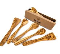 EMNA - Lot de 5 ustensiles de cuisine en bois d'olivier | env. 30 cm | Coffret cadeau exclusif | Cuillère de cuisine design avec coin | Couverts à salade | Spatule plate et fendue | Idée cadeau |