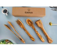 EMNA - Set en bois d'olivier : 2 pinces à barbecue + cuillère + fourchette | boîte cadeau | pince de cuisine | couvert à salade | idée cadeaux pour hommes | Noël | fête des père | noces de bois | Mari