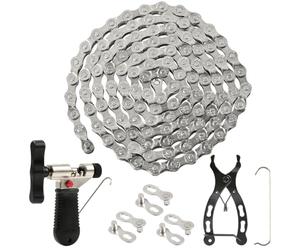 EMNIMQ Chaîne Vélo 6/7/8 Vitesses Anti-Rouille Derive Chaine Velo Pratique avec 3 Maillons Rapides & Outil Pro avec Jeu D'outils, Rivet de Chaîne, Pince à Maillons pour Vélo de Montagne
