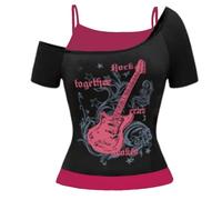 Emo Grunge Lot de 2 t-shirts vintage gothiques esthétiques à manches courtes épaules dénudées Crop Top Streetwear Punk Été Harajuku Haut Y2K Faux 2 pièces Guitare Graphique Bébé Thé, O Rose chaud, S