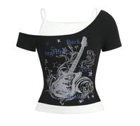 Emo Grunge Lot de 2 t-shirts vintage gothiques esthétiques à manches courtes épaules dénudées Crop Top Streetwear Punk Été Harajuku Haut Y2K Faux 2 pièces Guitare Graphique Bébé Thé, O Noir., XL