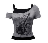 Emo Grunge Lot de 2 t-shirts vintage gothiques esthétiques à manches courtes épaules dénudées Crop Top Streetwear Punk Été Harajuku Haut Y2K Faux 2 pièces Guitare Graphique Bébé Thé, O gris., S