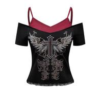 Emo Grunge Lot de 2 t-shirts vintage pour femme Y2K avec guitare graphique bébé thé gothique esthétique manches courtes épaules dénudées Crop Tops Harajuku Punk Streetwear Haut tendance, Z1 noir., L