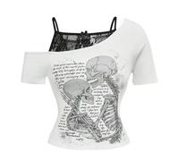 Emo Grunge Lot de 2 t-shirts vintage pour femme Y2K avec guitare graphique bébé thé gothique esthétique manches courtes épaules dénudées Crop Tops Harajuku Punk Streetwear Haut tendance, Q blanc., S