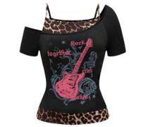 Emo Grunge Lot de 2 t-shirts vintage pour femme Y2K avec guitare graphique bébé Thé gothique esthétique manches courtes épaules dénudées Crop Tops Harajuku Punk Streetwear Haut tendance, R rouge., S