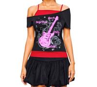 Emo Grunge Lot de 2 t-shirts vintage pour femme Y2K avec guitare graphique bébé Thé gothique esthétique manches courtes épaules dénudées Crop Tops Harajuku Punk Streetwear Haut tendance, P rose chaud