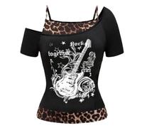 Emo Grunge Lot de 2 t-shirts vintage pour femme Y2K avec guitare graphique bébé Thé gothique esthétique manches courtes épaules dénudées Crop Tops Harajuku Punk Streetwear Haut tendance, R blanc., L