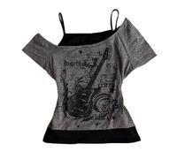 Emo Grunge Shirts Femmes Graphique Bébé Tees Faux Deux Pièces Manches Courtes Vintage Y2k Crop Top Goth Alt Vêtements, Noir/gris, Taille M