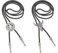 eModwey Lot de 2 Cravates Bolo en Cuir pour Hommes - Style Vintage avec Pendentifs Crâne de Vache et Étoile de Ranger Texas, Accessoire Parfait pour Rodeo, Mariages et Fêtes à Thème Western