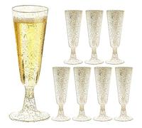 EMOIEMO 50 Pièces Flûtes à Champagne en Plastique à Paillettes Dorées - 150ml Flûtes à Champagne, Flûtes à Champagne Mimosa Verres à Pied en Plastique pour Mariages, Fêtes, Dîners