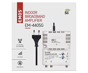 EMOS Amplificateur large bande 25dB (plage de fréquence 47-230 MHz, 470-698 MHz) pour Sat, DVB-T2, câble TV ou antenne, 1 entrée, 2 sorties, 10,5 x 13,5 x 4 cm