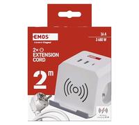 EMOS bloc multiprise 2 m, 2 prises françaises, USB, Qi, intérieur