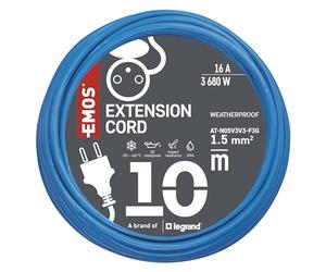 EMOS câble de rallonge d'extérieur, résistant au Gel avec Isolation en Silicone, 10m de câble 1,5 mm2 avec Capuchon de Protection, IP44 étanche pour l'extérieur, l'industrie, Le Chantier