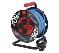 EMOS Enrouleur de câble d'extérieur toute l'année, 50 m, rallonge bleue de 1,5 mm², 4 prises Schuko avec couvercles rabattables, étanche IP44 et résistant au gel, pour l'extérieur, l'industrie, le