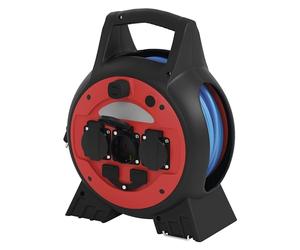 EMOS Enrouleur de câble d'extérieur toute l'année avec lumière LED et 2 sorties USB, rallonge bleue de 1,5 mm², 20 m, 3 prises Schuko avec couvercles à rabat, IP44 étanche et résistant au gel pour