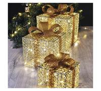 EMOS Lot de 3 cadeaux de Noël LED dorés avec large ruban et nœud décoratif, décoration de Noël, blanc chaud, câble de 3 m, IP20 pour l'intérieur, doré