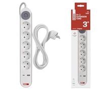 EMOS Multiprise 5 Prises avec Charge Rapide USB - Multiprise avec Interrupteur pour l'intérieur - Convient au Montage Mural - 5 Prises - 1 USB C - 1 USB A - Câble de 3 m - Blanc/Gris