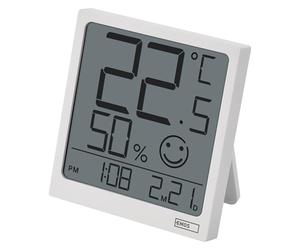 EMOS Thermomètre d'ambiance numérique et hygromètre avec affichage de l'heure et de la date à poser/suspendre - Écran LCD avec affichage de la batterie faible et icône de confort - Pour l'intérieur -