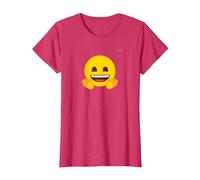 Émoticône Jaune Sourire Visage Sourire Mains Ouvertes T-Shirt, Femme, Rouge Chiné, M