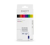 Emott - Uni Ball - Uni Mitsubishi Pencil - 10 Feutres Essential Colors - Écrire, Dessiner, Tracer avec Style - Pointe 0,4mm - Bleu, Rouge, Vert, Rose, Fuchsia, Marron, Orange, Noir, Jaune, Vert Clair