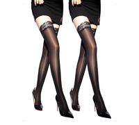 EMOTTOS 2 Paires Bas Autofixants Femme Overknee Dentelle Brillant à l'Huile 8D Bande Silicone Antidérapant Haute Bas Porte-Jarretelles Élastique Sexy Respirant Cuisse Longues Chaussettes 58/78/62 CM