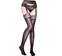 EMOTTOS Bas Autofixants Femme 1 Paire, Brillant à l'Huile Cuisse Bas Haut Collants, Bas Porte Jarretelle Anti-Dérapant Sexy Dentelle Pour Femmes et Filles, 8 Denier Taille Unique, Noir