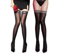 EMOTTOS Bas Autofixants Femme 2 Paires, Brillant à l'Huile Cuisse Bas Haut Collants, Bas Anti-Dérapant Sexy Dentelle Pour Femmes et Filles, 8 Denier Taille Unique, Noir + Noir