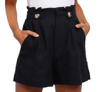 EMOTTOS Bermuda Shorts pour Femmes Décontracté, Taille Haute Pantalon Ete avec Poche et Bouton Décoration, Taille Élastiquée Plissé Jambes Larges, Noir XL